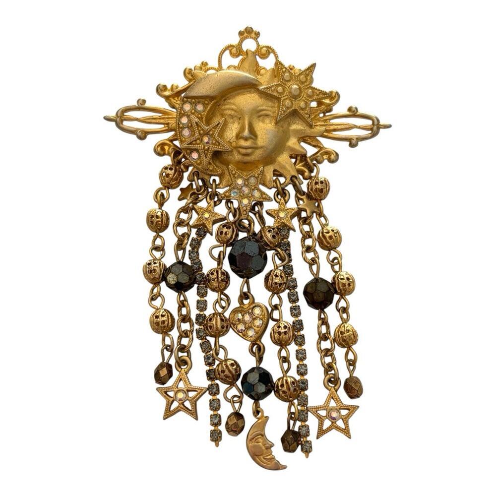 Kirks Folly Celestial Moon Sun Shooting Stars Jeweled Gold Tone Brooch - Picture 1 of 6